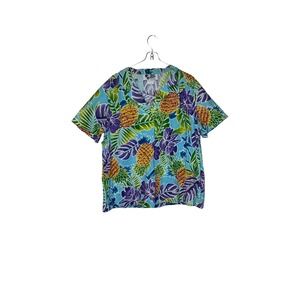Hilo Hattie Women's Top Vintage‎ Floral &Pineapples Button Front Short Sleeve XL